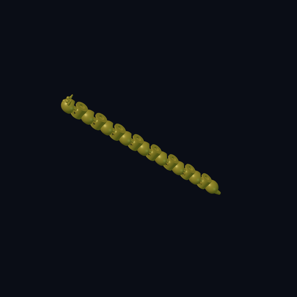 A nine-piece articulated worm with a face, captive ball joints, rounded body links and a tapered tail