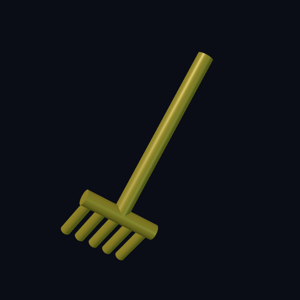 A small rake standing on five downward teeth with its handle leaning upward