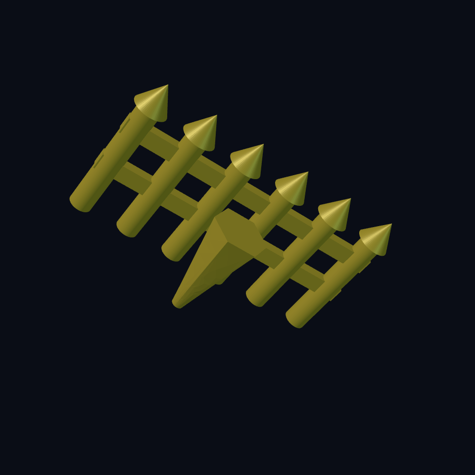 A fence with six pointed round posts and two rails, beside a carrot made by lofting profiles
