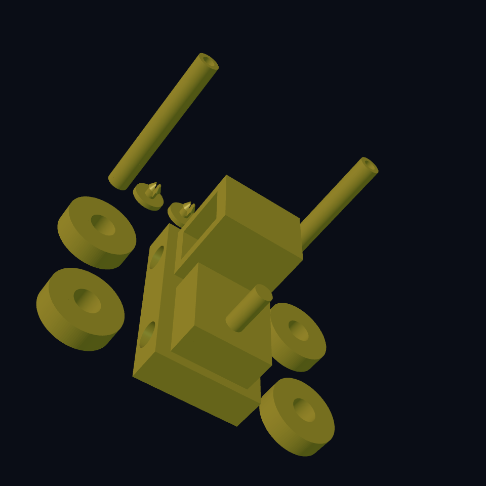 The tractor kit: body, two hollow-ended axles, four wheels and four split retaining rivets on the print bed