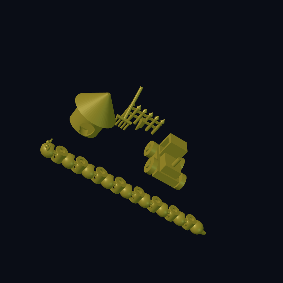 The articulated worm in front of a mushroom house, rake, assembled tractor, fence and carrot