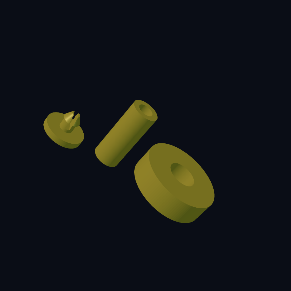 The short axle, flat wheel and split rivet used to test a printed fit